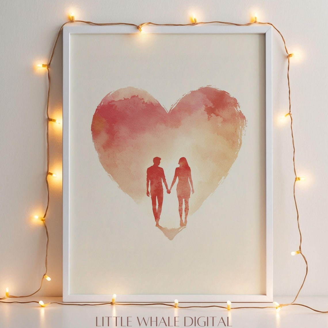 Romantic Couple Inside Watercolor Heart Shape Valentine Art Poster - Image 3