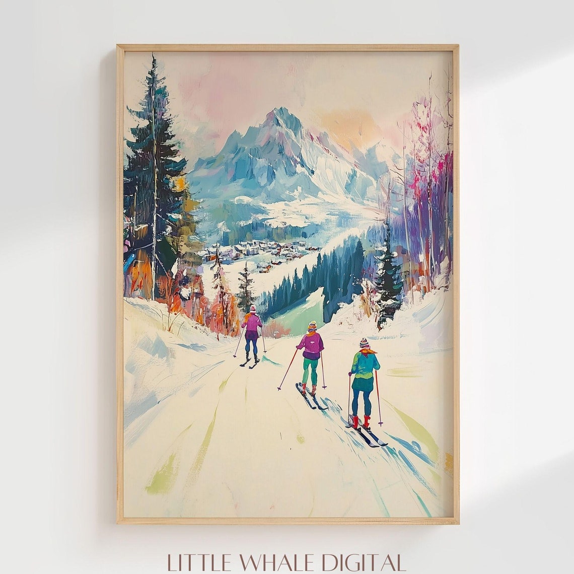 Alpine Skiers Gliding Down A Snowy Mountain Slope Art Poster - Image 3