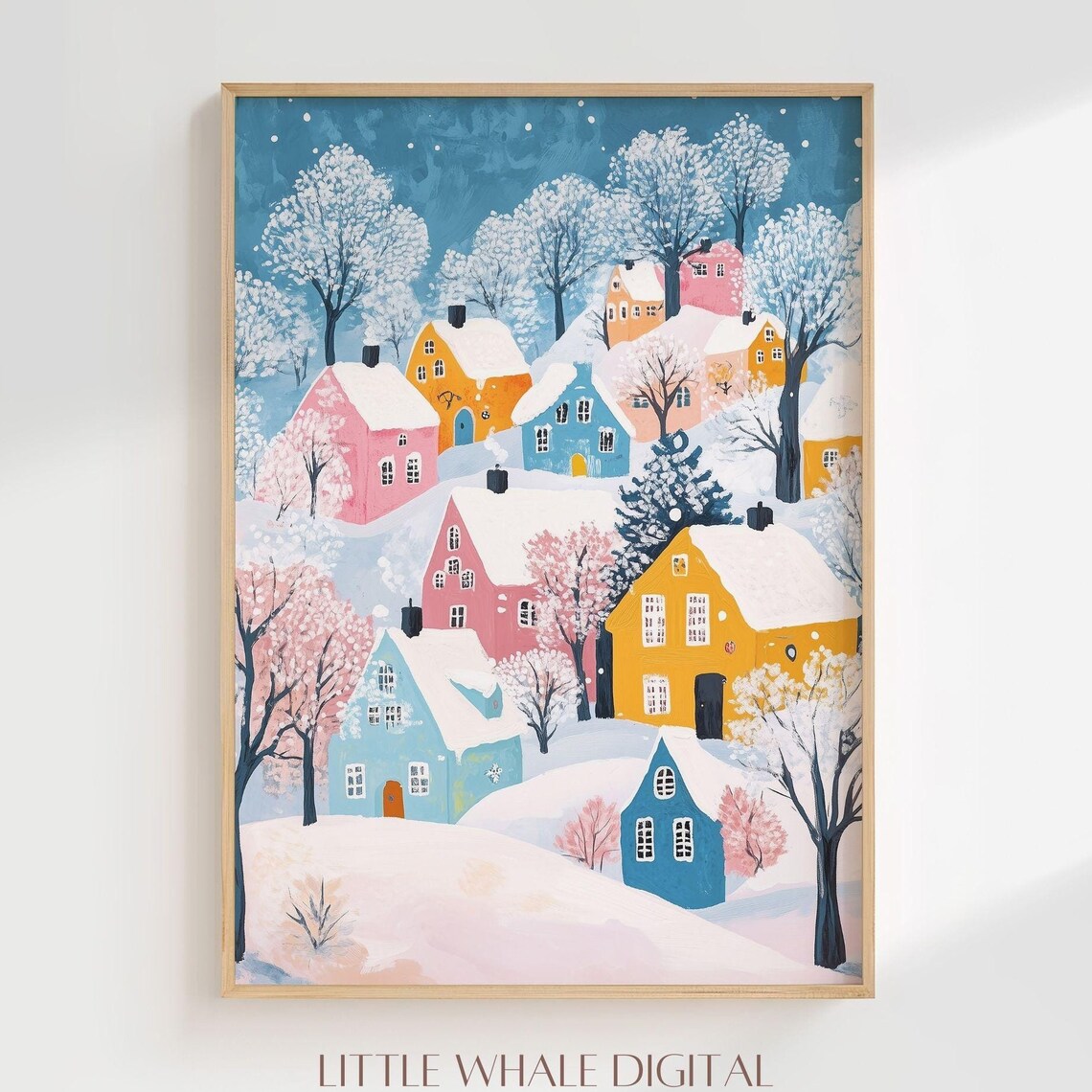 Colorful Snowy Village On A Hill Under A Teal Night Sky Poster - Image 3