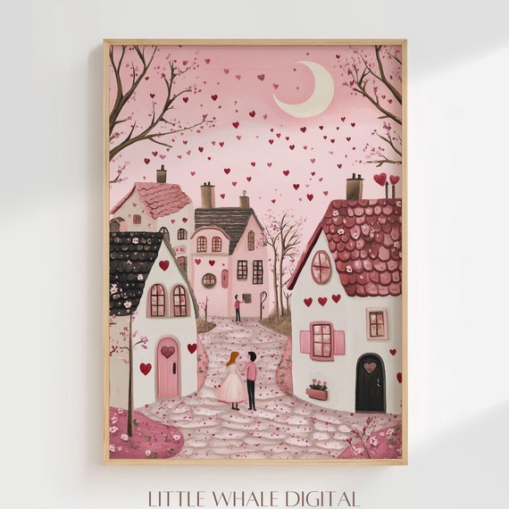 Cute Pink Valentines Day Print Valentine Town Wall Art Valentines Day Decor Romantic Art Valentines Gift