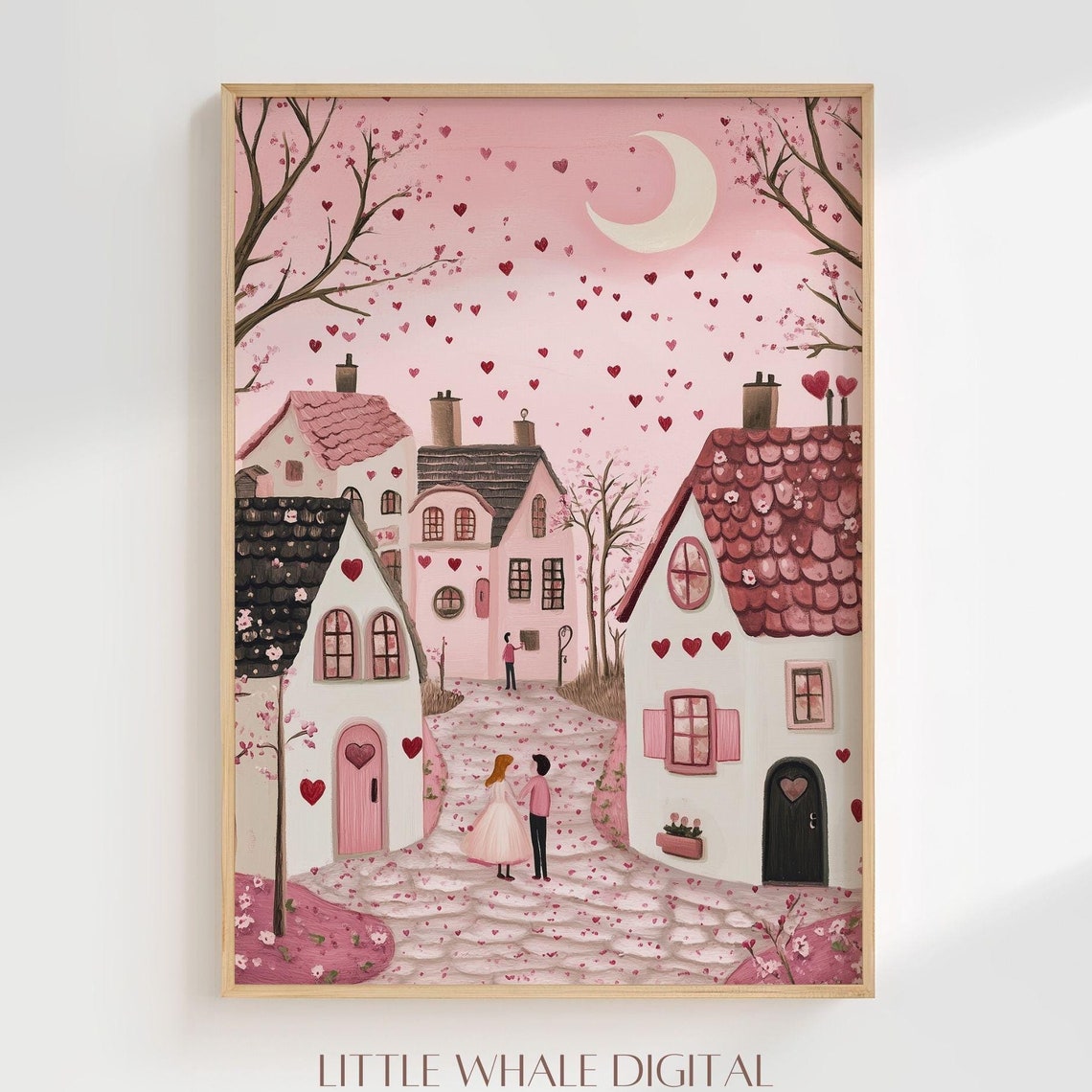 Cute Pink Valentines Day Print Valentine Town Wall Art Valentines Day Decor Romantic Art Valentines Gift