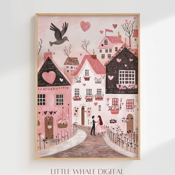 Pink Cute Valentines Day Print Valentine Town Wall Art Valentines Day Decor Romantic Art Valentines Gift