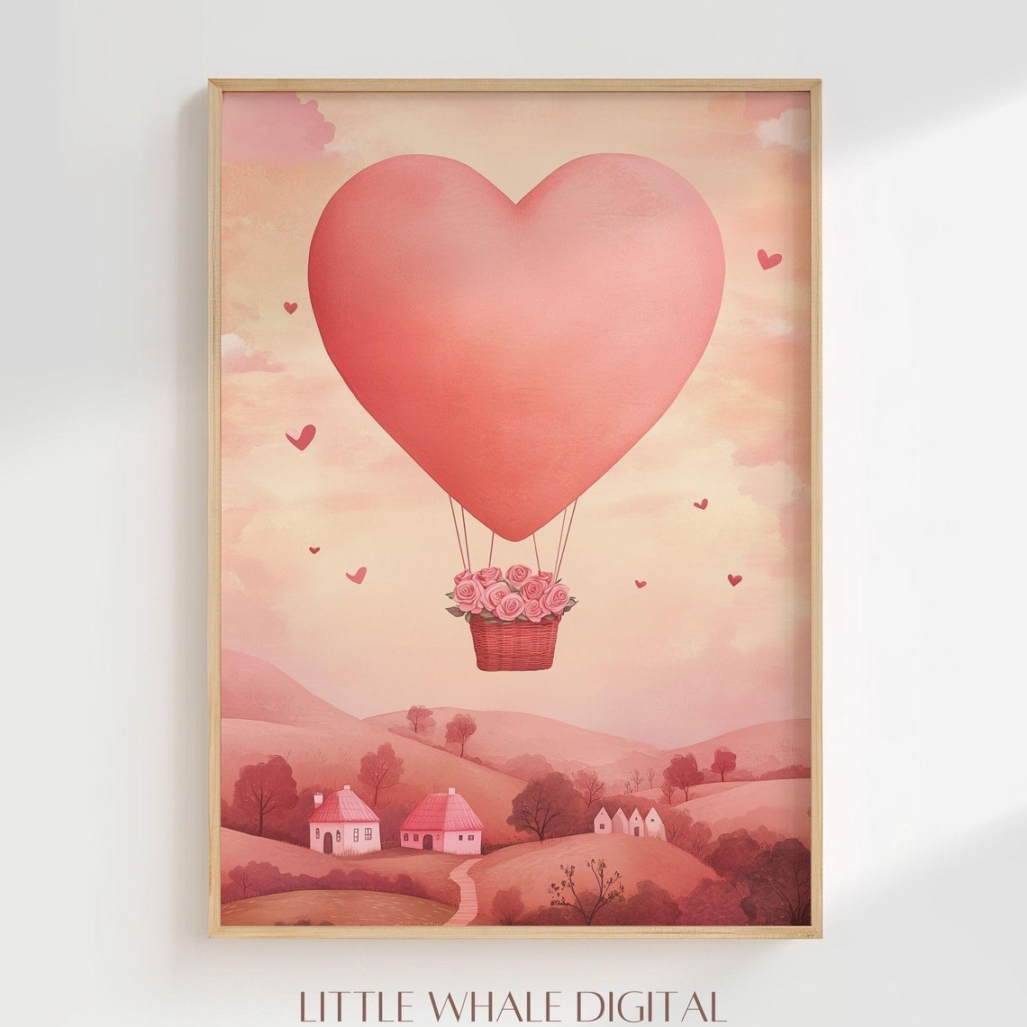 Pink Heart Hot Air Balloon Over Rolling Hills Romantic Wall Art