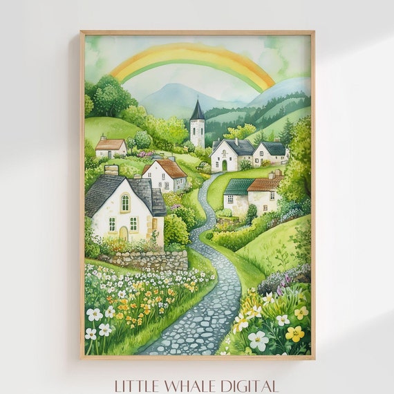 Cute St Patricks Village Wall Art St Patricks Day Rainbow Print Spring St Patricks Art Home Decor Instant