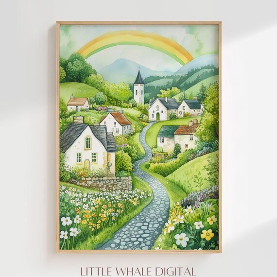 Irish Village Church Rainbow Over Green Hills Watercolor Poster