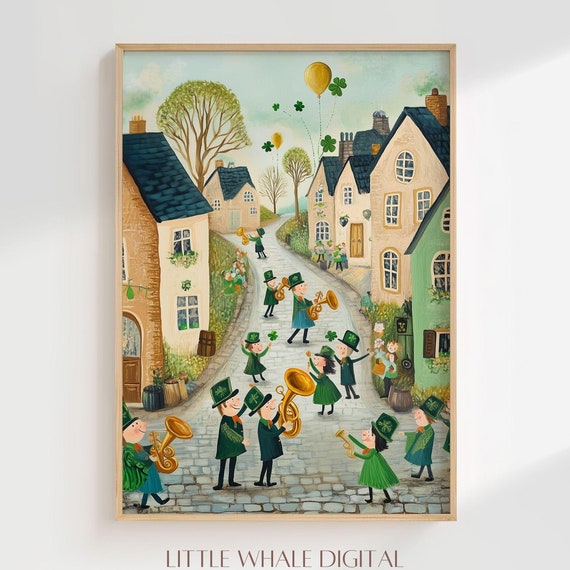 Cute St Patricks Parade Celebration Print St Patricks Day Town Wall Art Spring St Patricks Art Home Decor