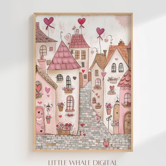 Cute Pink Valentines Day Print Valentine Town Wall Art Valentines Day Decor Romantic Art Valentines Gift