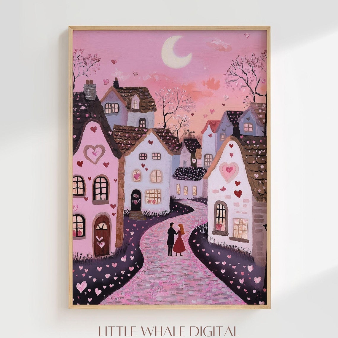 Valentine's Pink Town Night Couple on Heart Petal Path Scene Poster