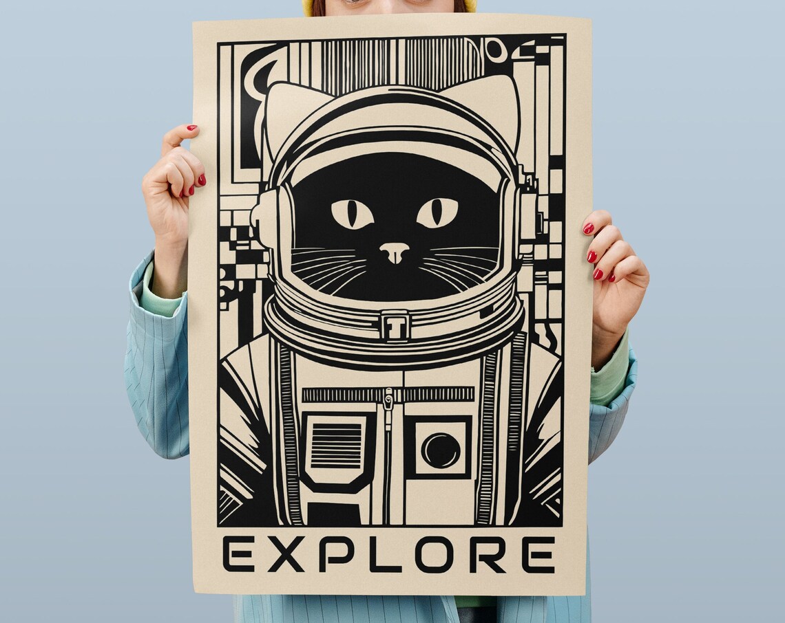 Astronaut Cat Explore Space Black Beige Fun Kids Room Decor Poster