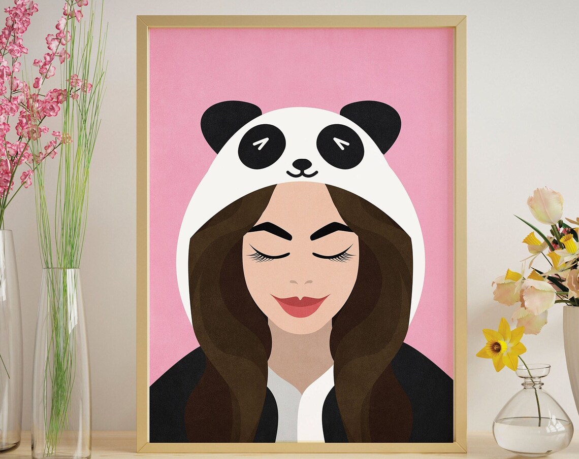 Panda Hood Girl Cute Pink Cartoon Animal Costume Portrait Poster