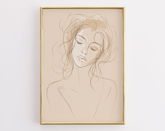 Line Art Woman Face Minimalist Beige Abstract Drawing Poster