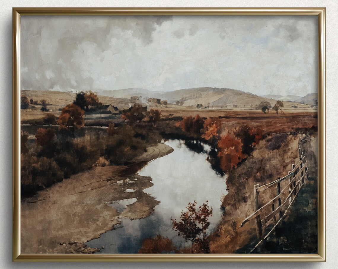 Autumn River Valley Rustic Fence Moody Fall Countryside Art Poster