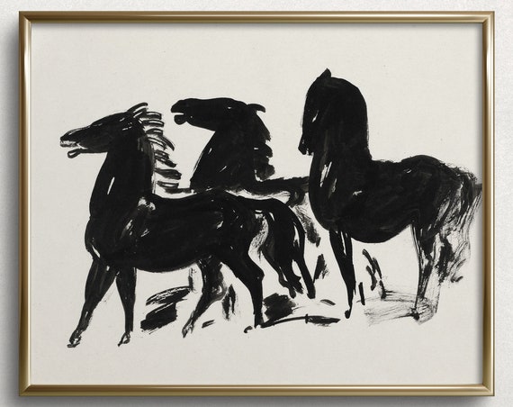 Three Horses, Black And White Vintage Art Print
