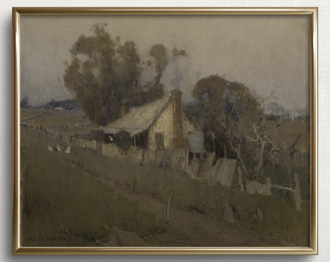 Countryside Cottage at Dusk Moody Landscape Vintage Art Print