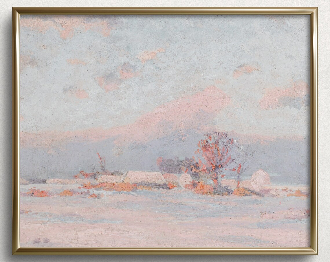 Pink Winter Evening Vintage Winter Landscape Art Print