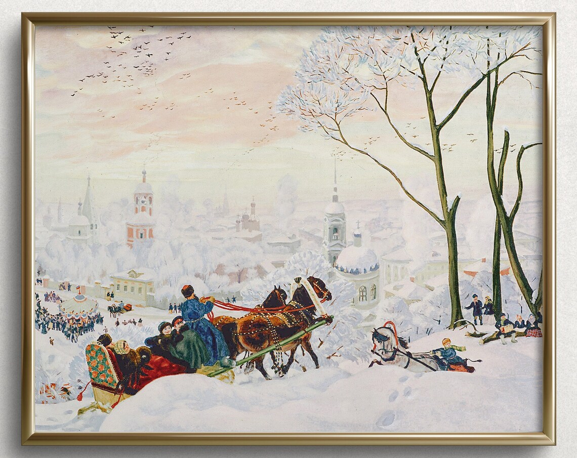 Countryside Sleigh Ride Vintage Winter Landscape Art Print