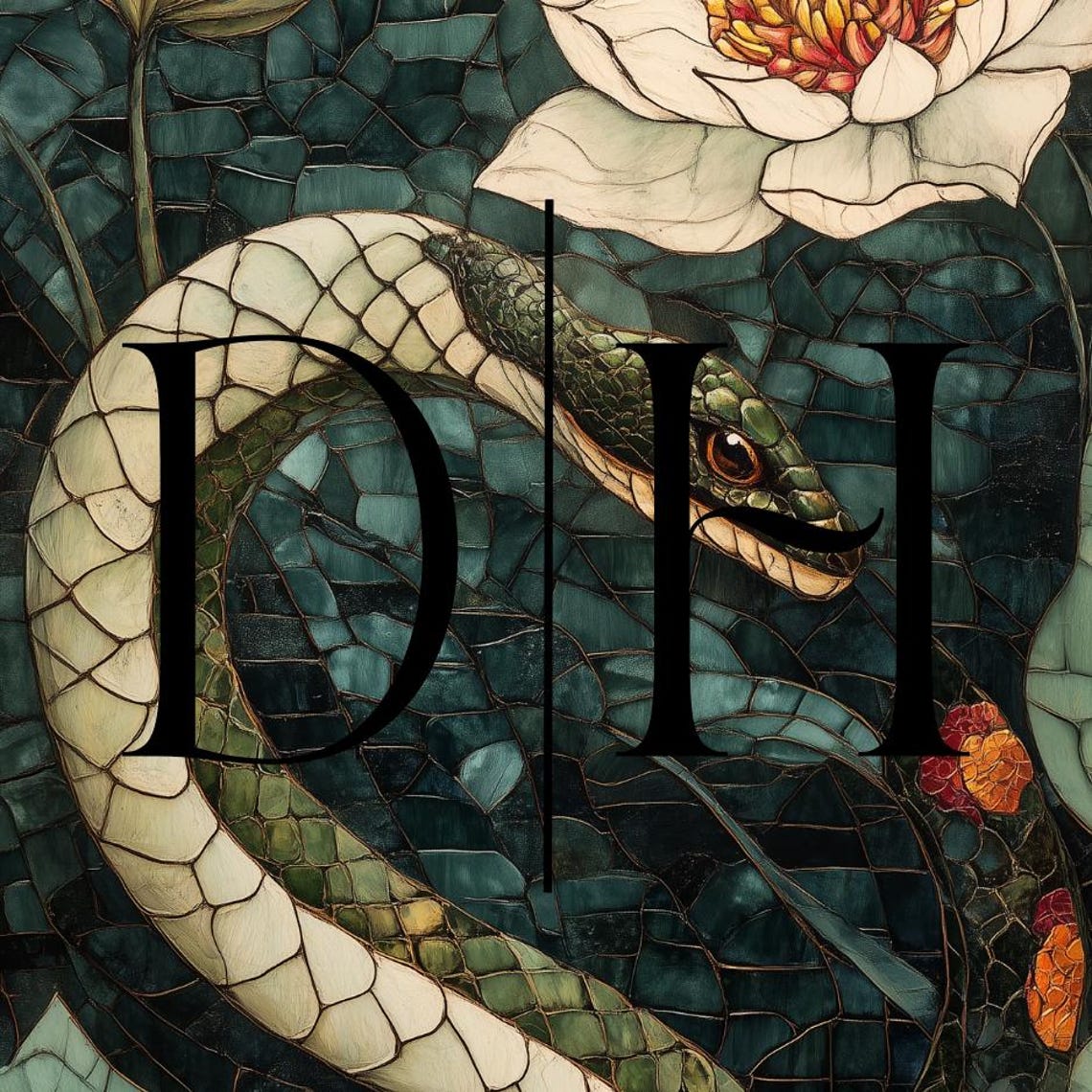 Green Snake Coiled Among White Water Lilies Mosaic Style Art Poster - Image 3