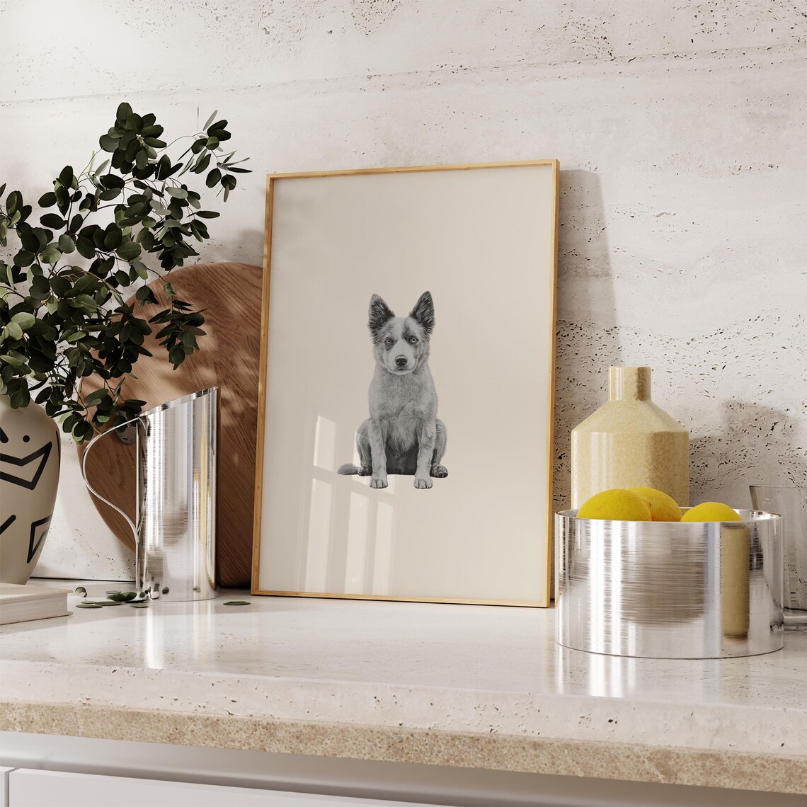 Blue Heeler Sitting Portrait Minimalist Beige Neutral Dog Art Poster - Image 2