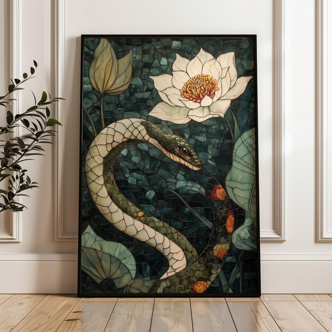 Green Snake Coiled Among White Water Lilies Mosaic Style Art Poster