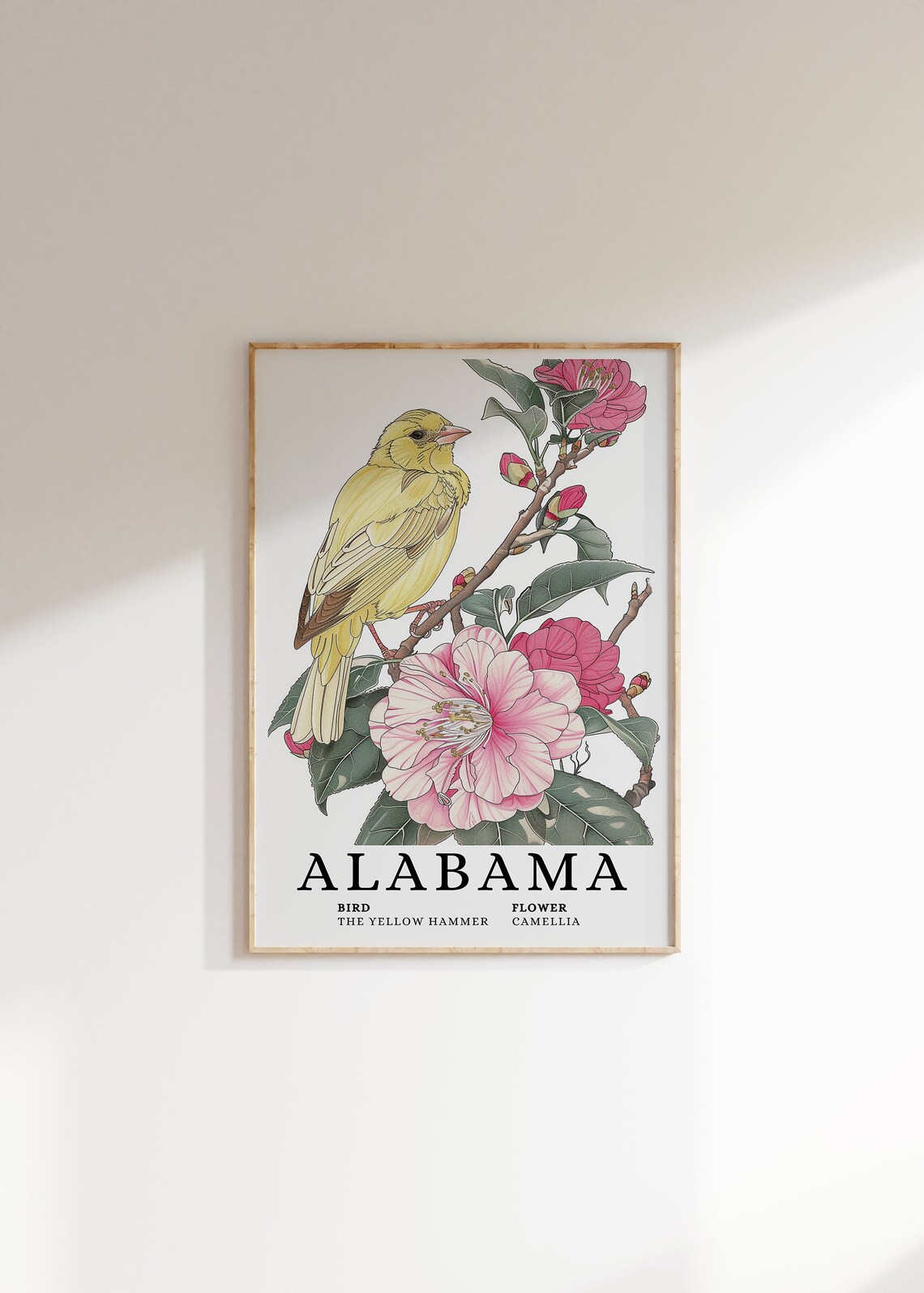 Alabama Yellow Hammer Camellia Botanical Bird and Flower Art Print
