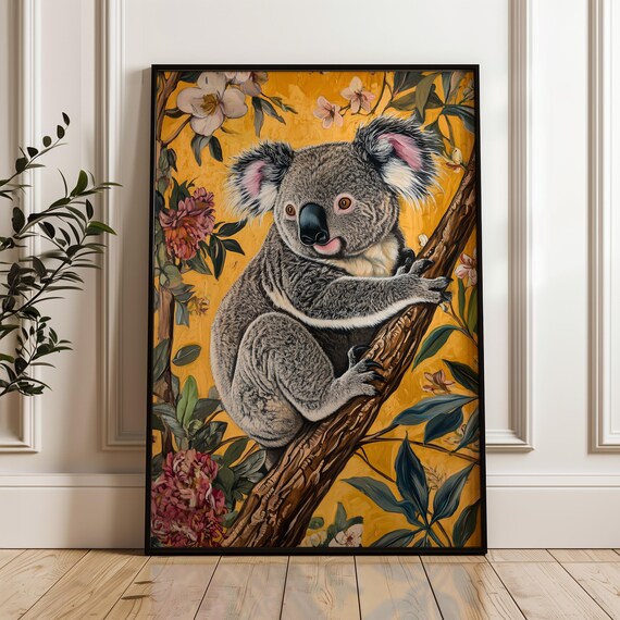 Koala Climbing Branch Golden Yellow Blossoms Warm Nursery Art Poster