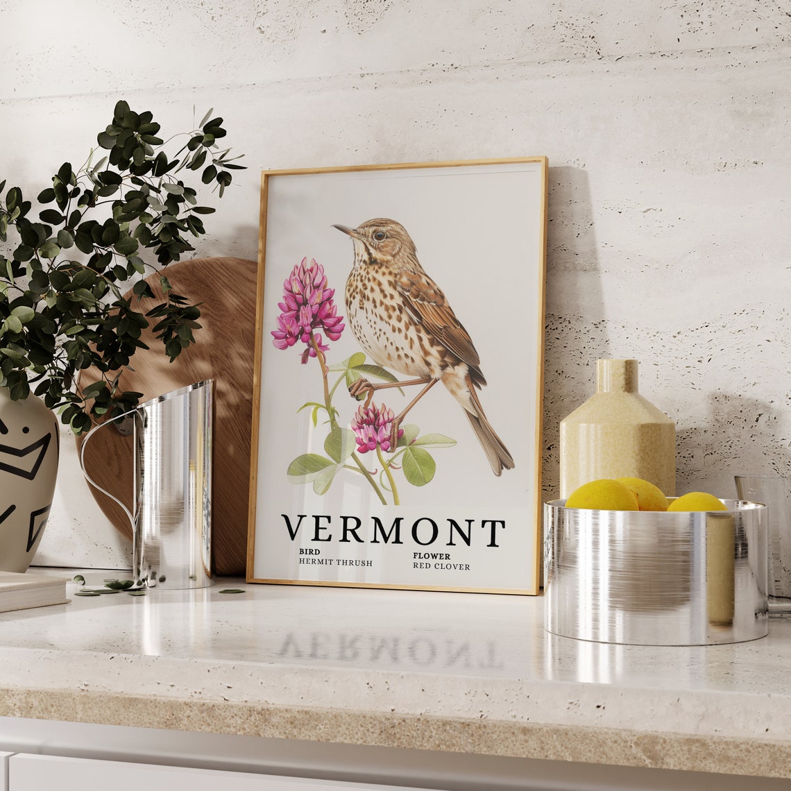 Vermont Hermit Thrush Red Clover Botanical Bird and Flower Art Print - Image 2