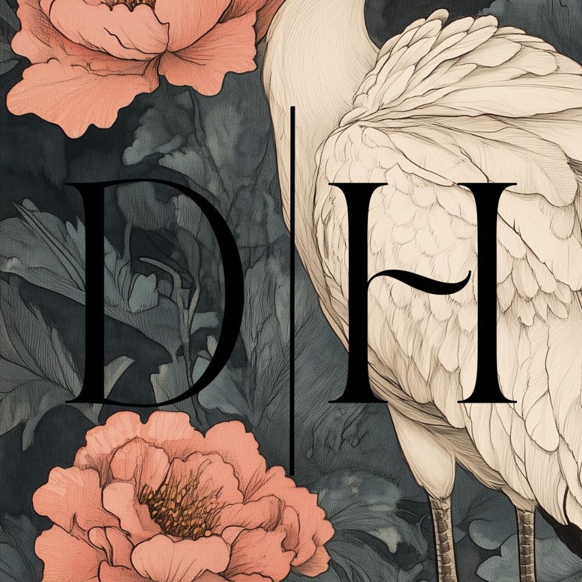 Crane Peony William Morris Inspired Moody Navy Floral Bird Poster - Image 3