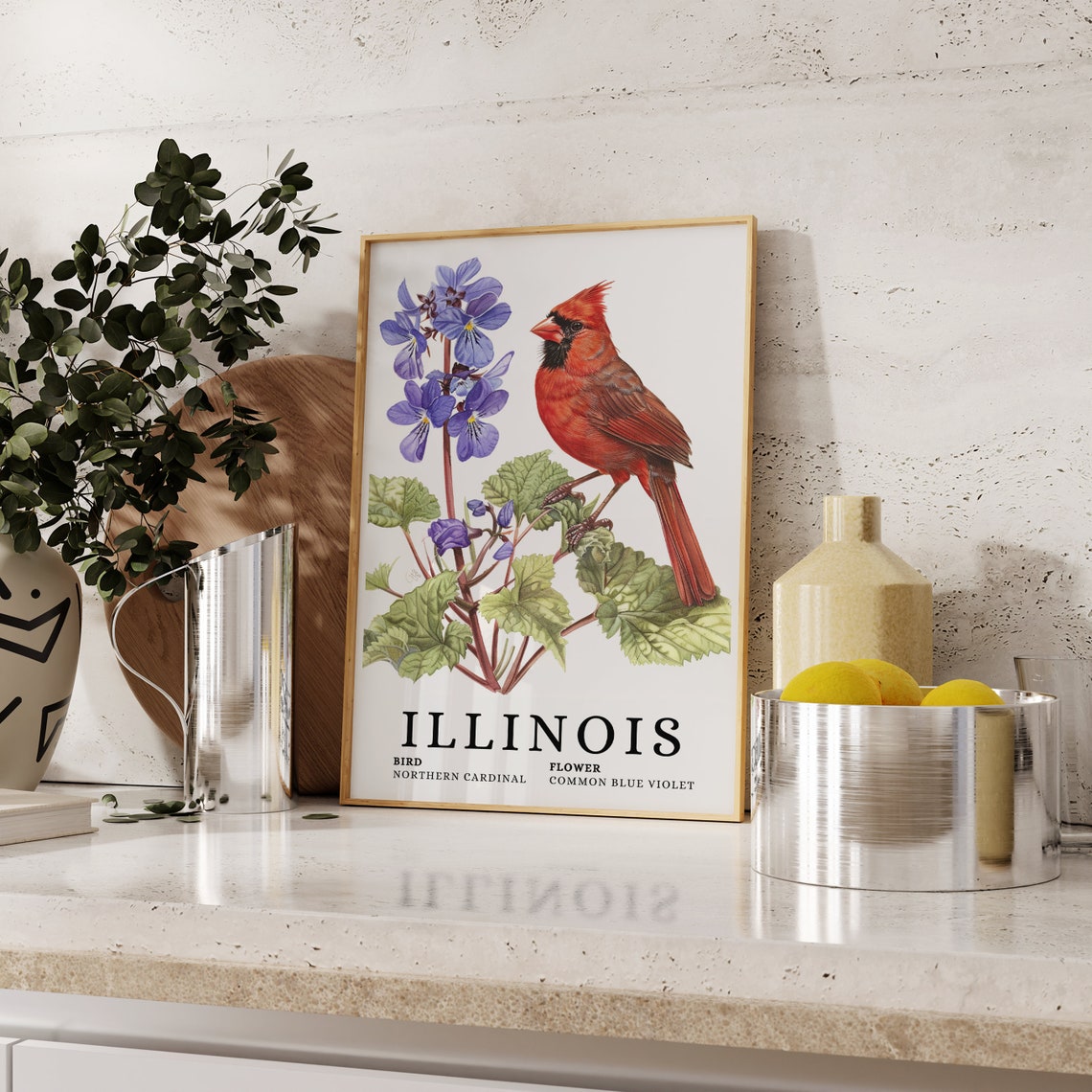 Illinois Northern Cardinal And Blue Violet Botanical Art Print - Image 2