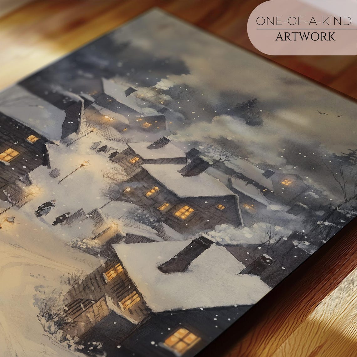Snowy Village Night Glowing Windows Falling Snow Cozy Winter Poster - Image 2