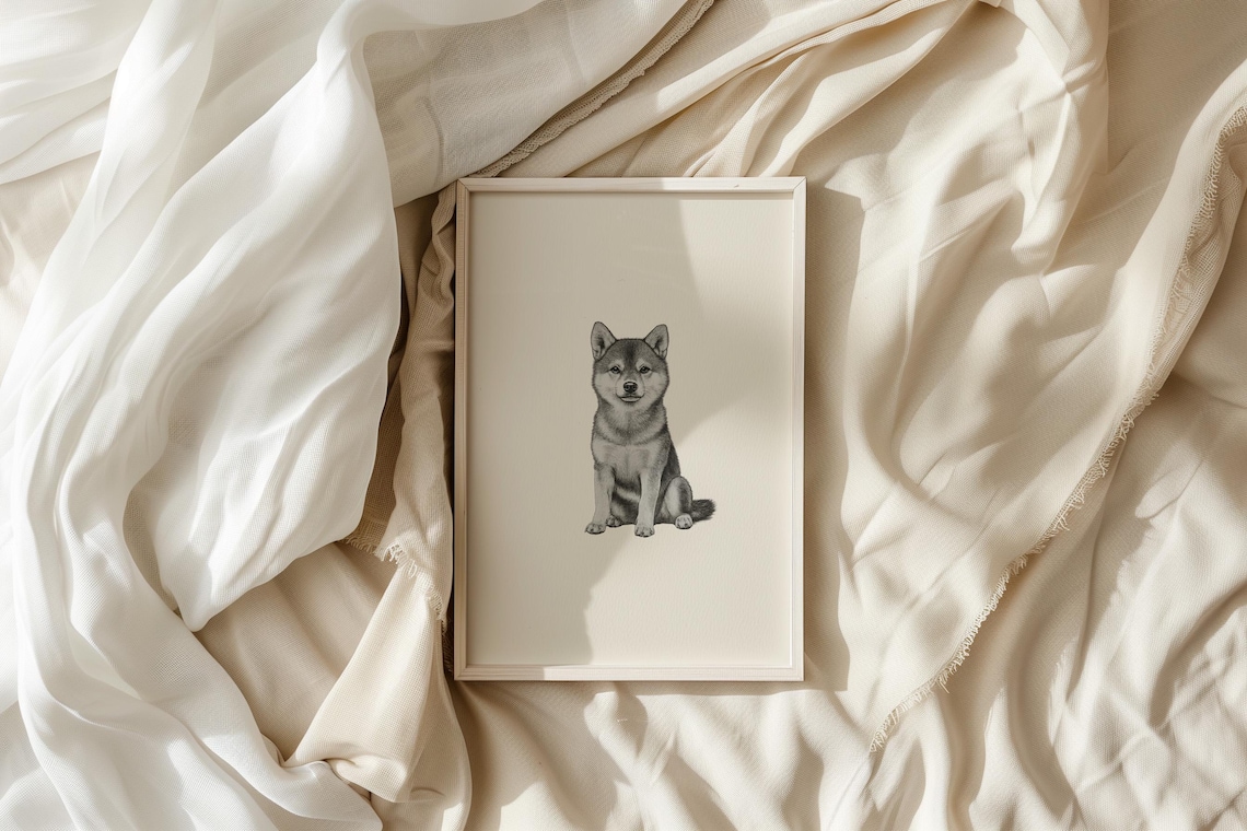 Shiba Inu Sitting Portrait Minimalist Beige Neutral Dog Poster