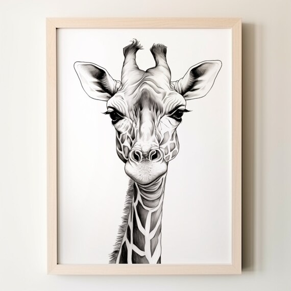 Giraffe Pencil Portrait Wall Art Realistic Animal Head Sketch Print