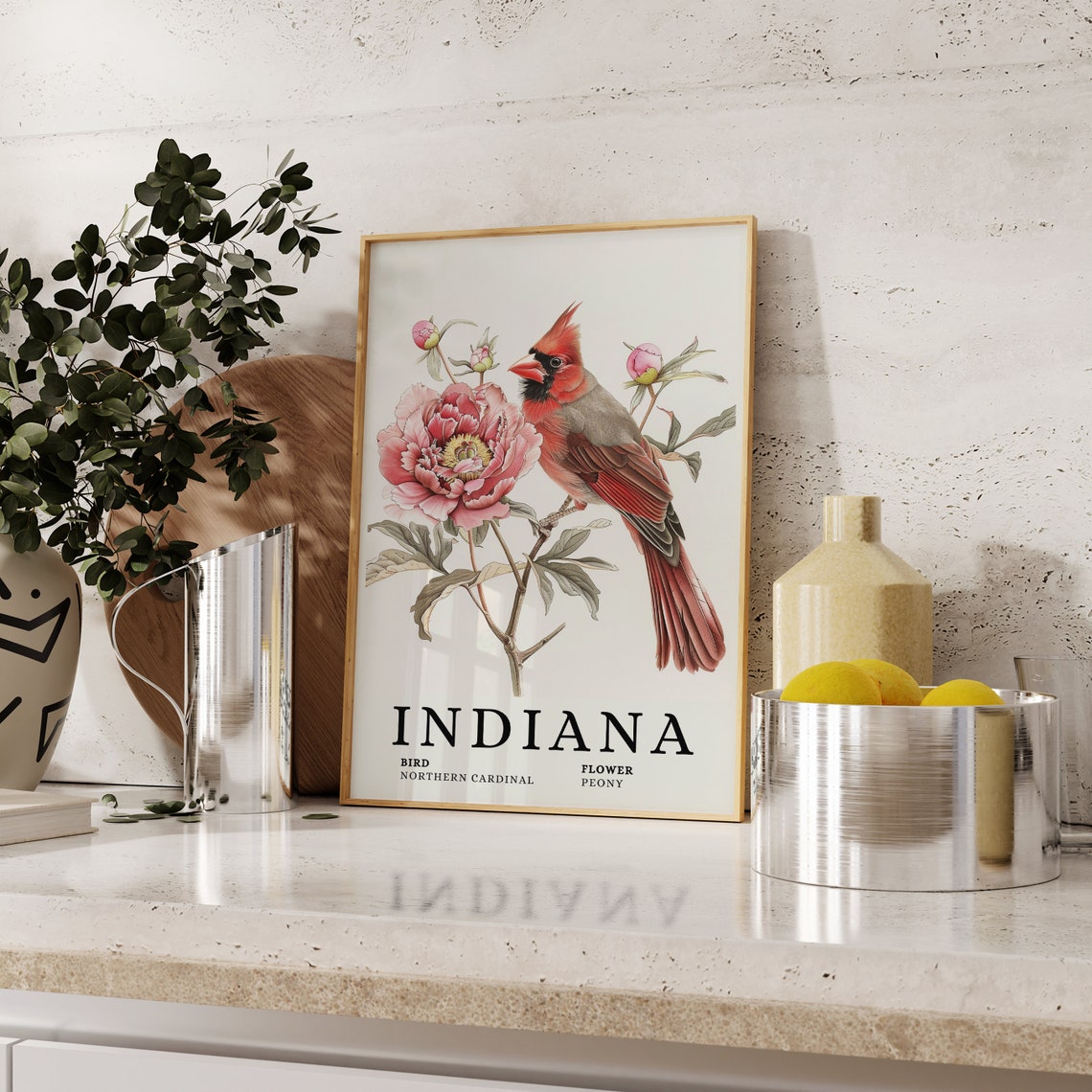 Indiana Northern Cardinal With Pink Peony Botanical Art Print - Image 2