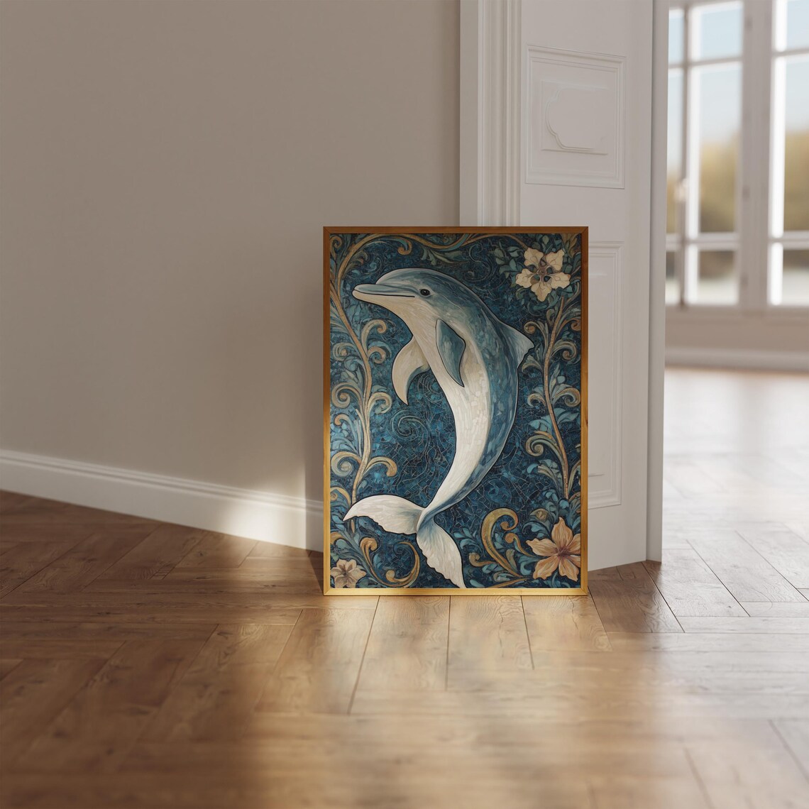 Dolphin William Morris Inspired Ocean Floral Art Nouveau Teal Poster - Image 2