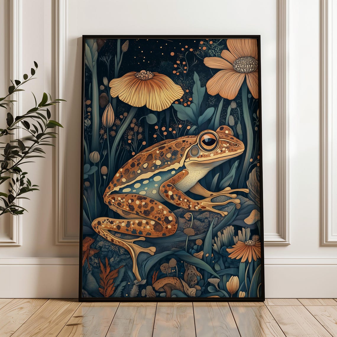 Spotted Brown Frog Golden Night Flowers Dark Teal Pond Art Poster