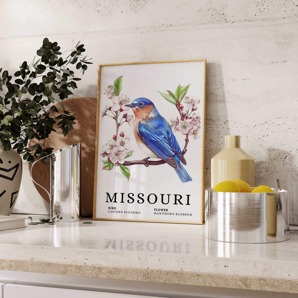 Missouri Eastern Bluebird Hawthorn Blossom Bird Flower Art Print - Image 2