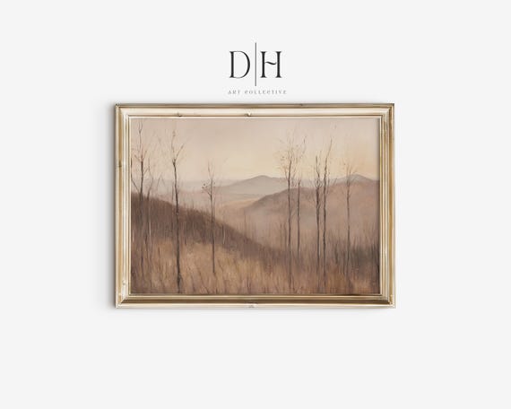 Old Fashion Bare Forest Hills Oil Painting Art Vintage Country Print Antique Muted Tones Artwork Soft Neutral Scenery