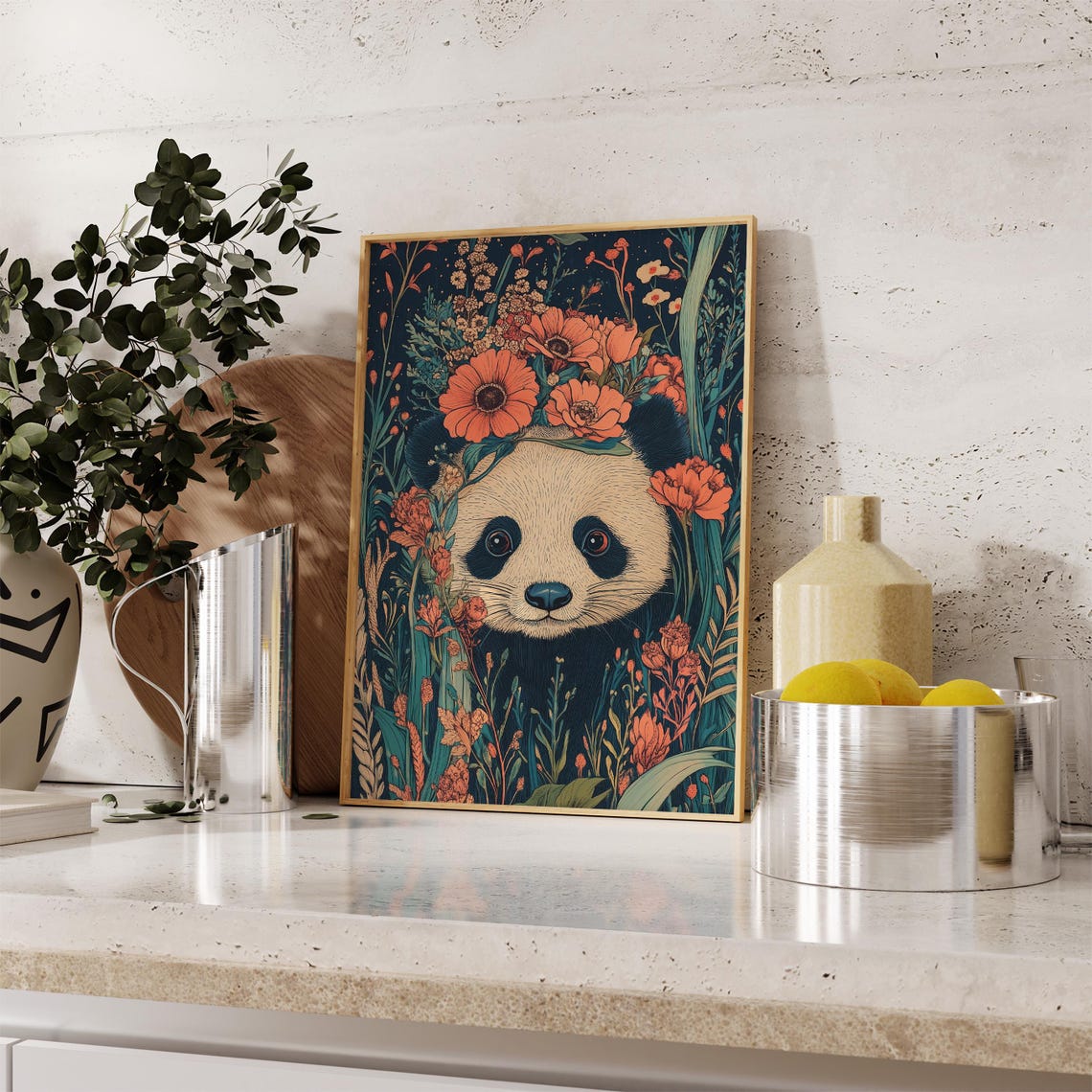 Giant Panda Face Among Orange Wildflowers Dark Botanical Art Poster - Image 2