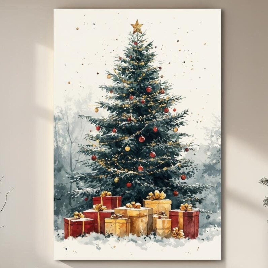 Watercolor Christmas Tree with Gifts Star Topper Holiday Poster