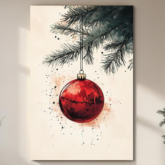 Red Christmas Ornament Bauble Poster Pine Branch Watercolor Ink Sketch Art