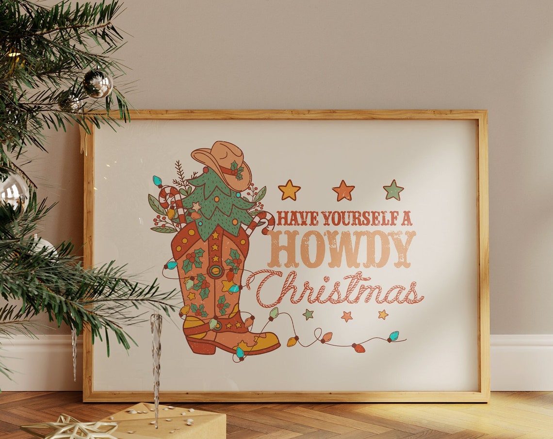 Have Yourself a Howdy Christmas Boot Tree Western Holiday Poster