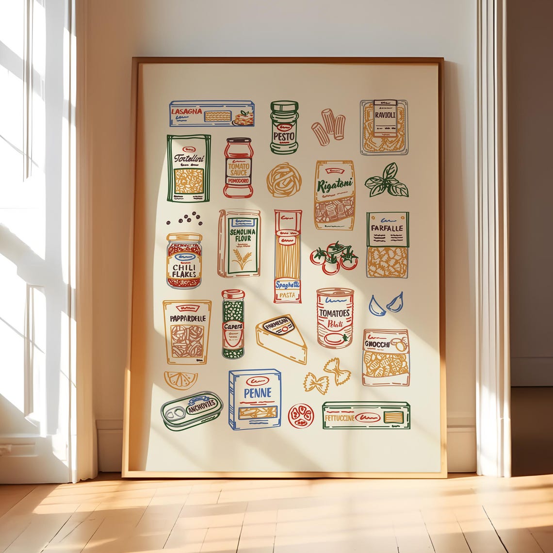 Italian Pasta Pantry Hand Drawn Noodle Shapes Kitchen Wall Art