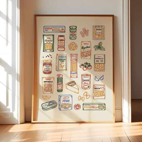 Italian Pasta Pantry Hand Drawn Noodle Shapes Kitchen Wall Art