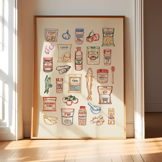 Nigerian Pantry Wall Art Print African Kitchen Decor Food Illustration Poster West Colorful Shelf