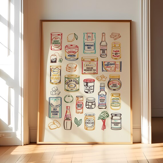 Uk Pantry Printable Wall Art British Food Kitchen Decor English Grocery Illustration Colorful Vintage Inspired Digital Download