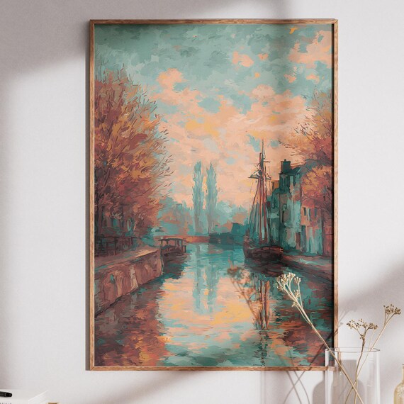 Autumn Canal With Moored Boat Impressionist Cityscape Poster