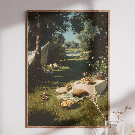 Vintage Picnic Art Print Pastoral Landscape Painting Forest Stream Country Kitchen Decor Wall