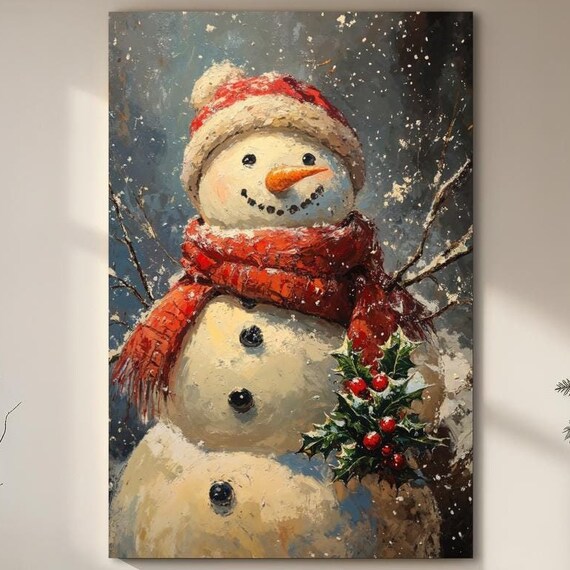Smiling Snowman Red Scarf Holly Winter Snowfall Painting Holiday Poster