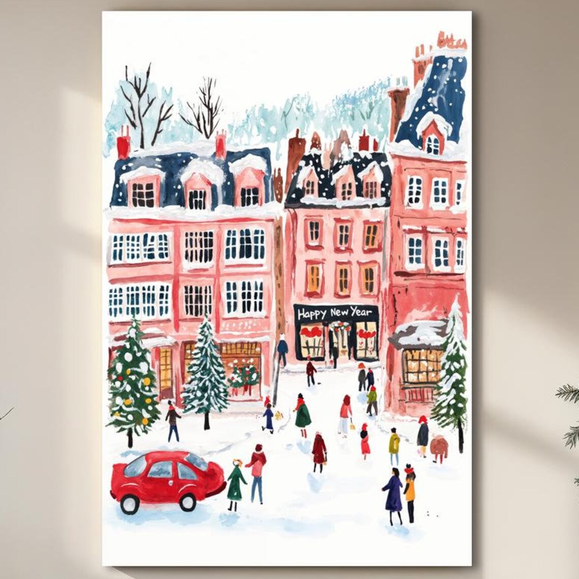 Happy New Year Snowy Village Town Christmas Watercolor Poster