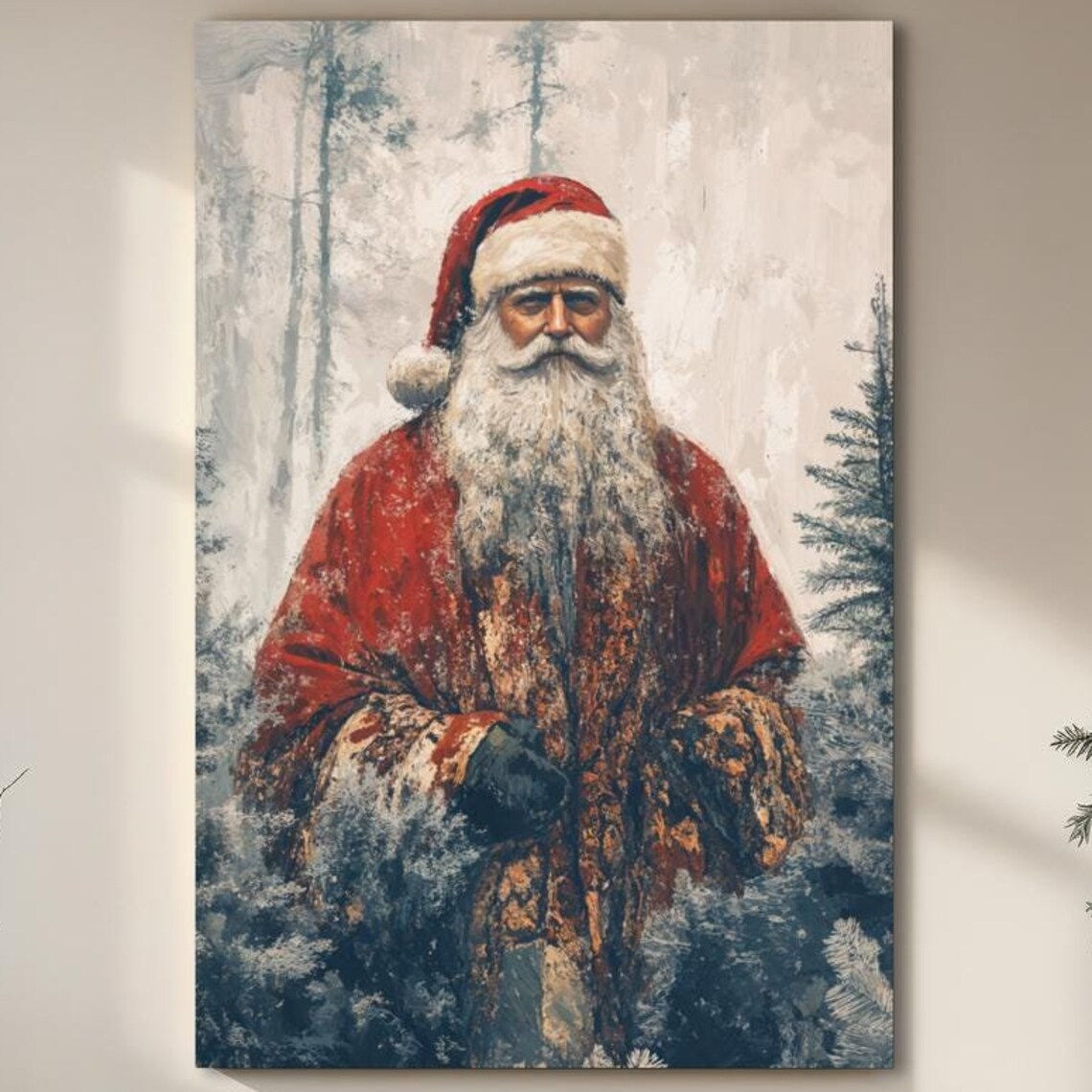 Traditional Santa Claus Standing in Snowy Forest Portrait Poster