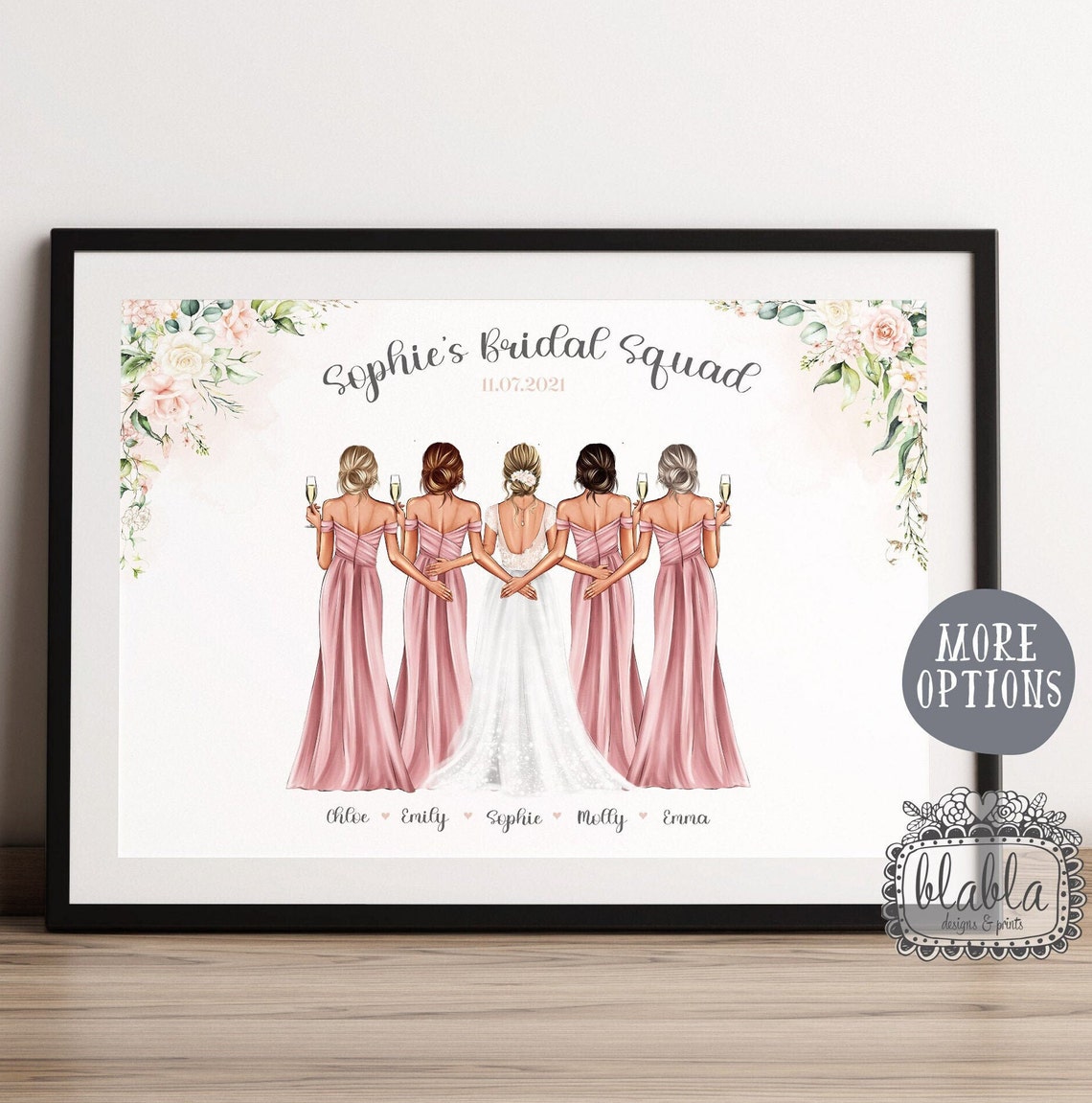Personalised Bridal Squad Poster Four Bridesmaids in Dusty Pink Gowns